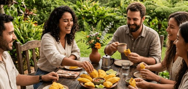 Familia compartiendo comida colombiana en la naturaleza